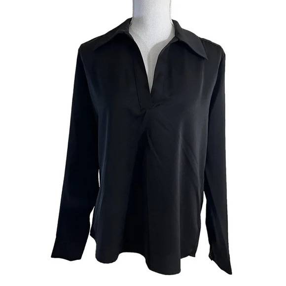 Aqua Black Collared Top Size Small Long Sleeves Polyester Neutral Blouse Office - Picture 1 of 5